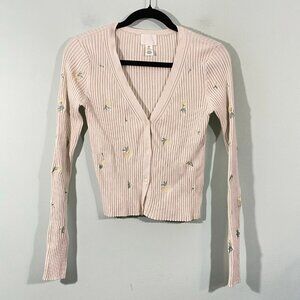 H&M Women's Cream Floral Embroidered V-neck Ribbed Cropped Cardigan Size M
